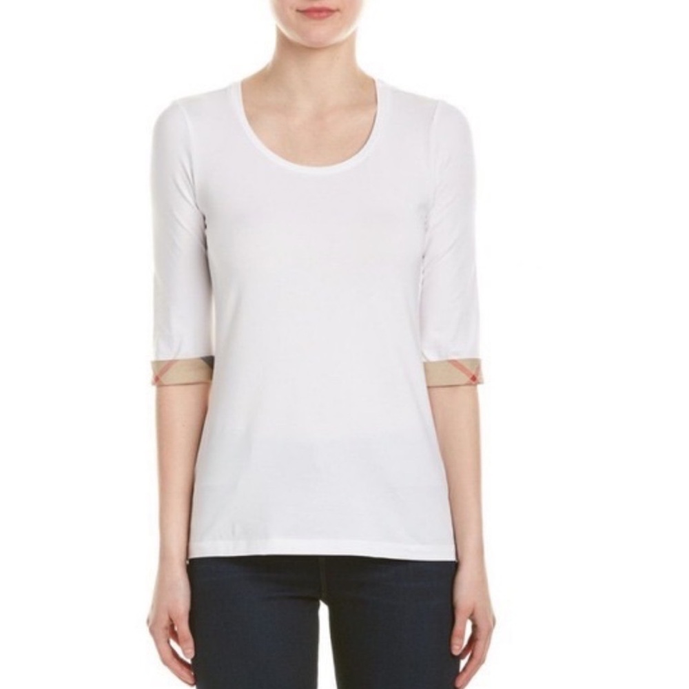 Burberry White Long Sleeve Top with Patterned Cuffs